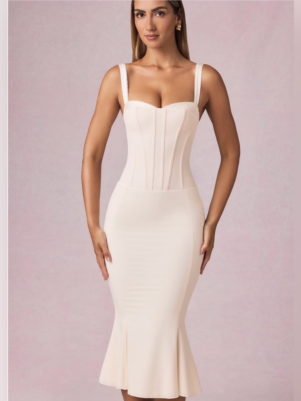 Oh Polly | Valentina Layered Bra-Detail Fishtail Midaxi Dress In Ivory Size 6